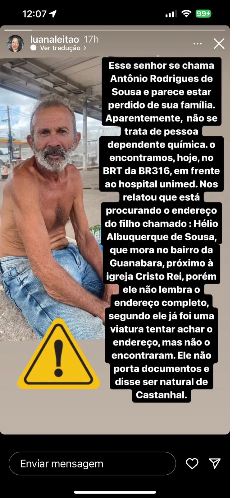 Postagem de uma das agentes do Detran para tentar localizar os familiares de ser Antônio