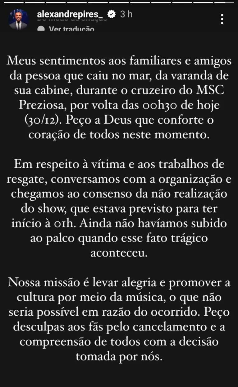 Produtor fala sobre morte em cruzeiro de Alexandre Pires