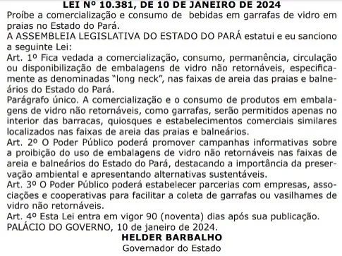 Texto da lei publicada nesta quinta-feira (11) no Diário Oficial do Estado do Pará