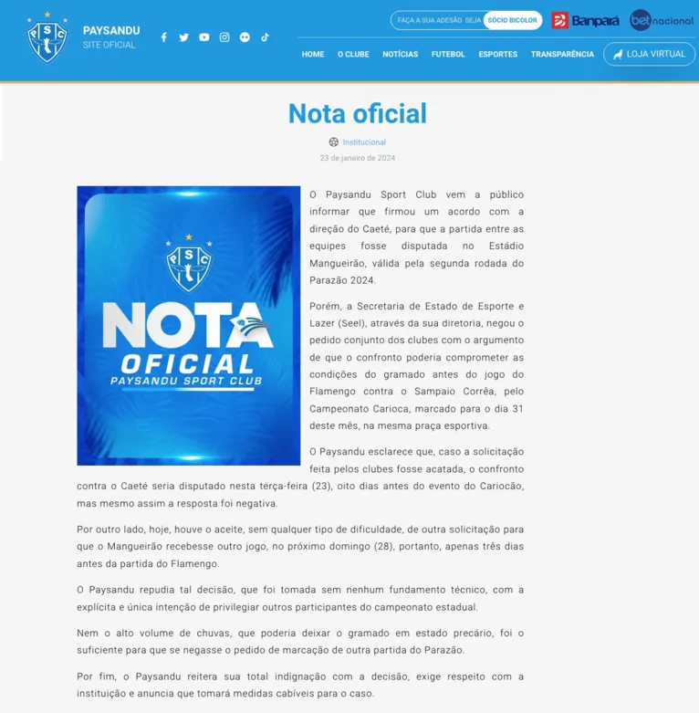 Seel rebate acusações do Paysandu e repudia atitude do clube