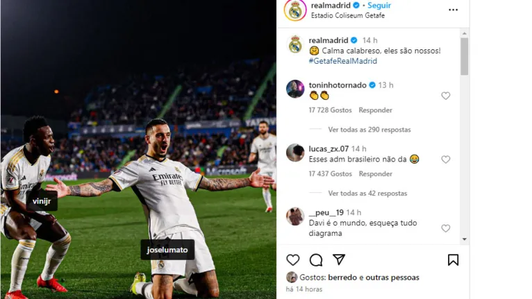 Postagem no Instagram oficial do Real Madrid brincando com meme "calma, calabreso".