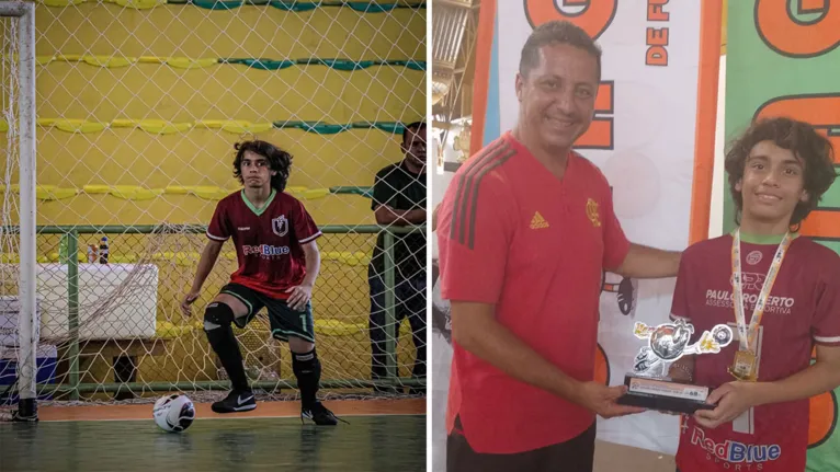 Augustus Cesar em ação e recebendo o prêmio de melhor goleiro da Copa Guri de Futsal