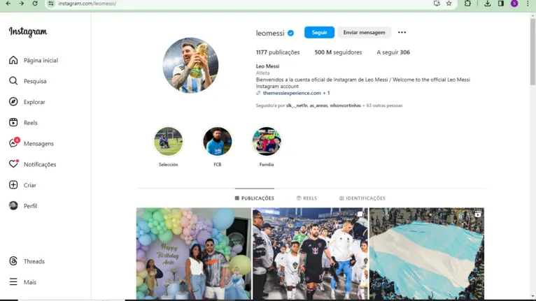Print da página de Lionel Messi no Instagram, agora marcando 500 milhões de seguidores.