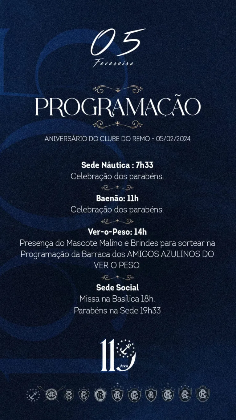 Programação do aniversário de 119 anos do Clube do Remo.