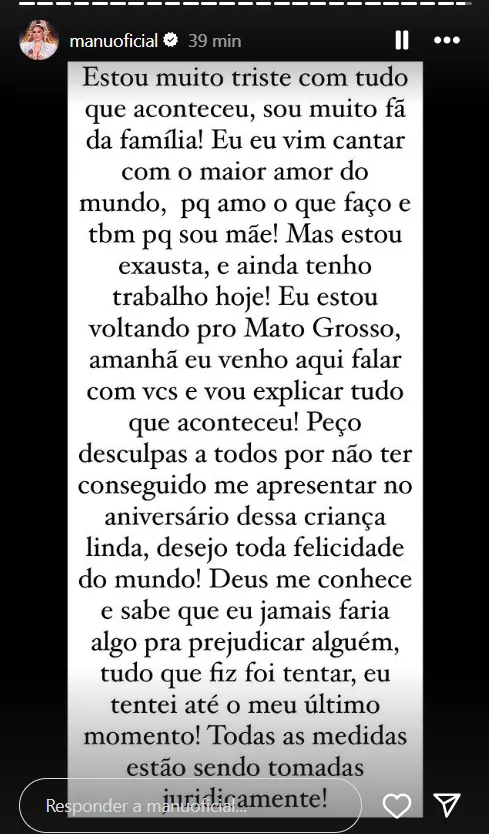 Artista pediu desculpas e falou que medidas jurídicas serão tomadas em story