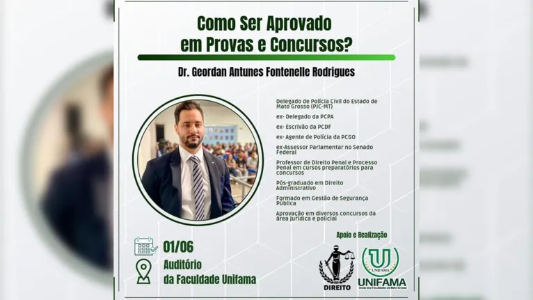 Delegado Geordan Antunes  ainda dava aulas de cursos preparatórios como mostra este cartaz de divulgação