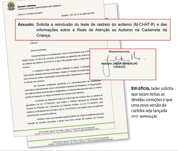 Jader pede retorno de rastreio de autismo ao Ministério