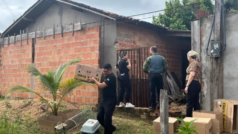 Policiais civis e agentes da Semma no imóvel onde foram encontradas as aves