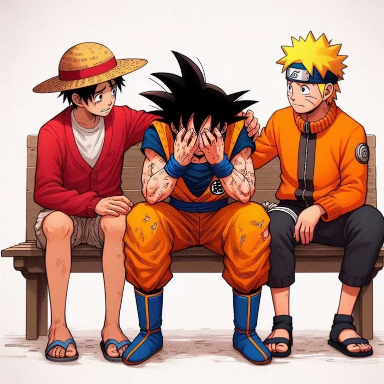 Luffy e Naruto consolam Goku na imagem.