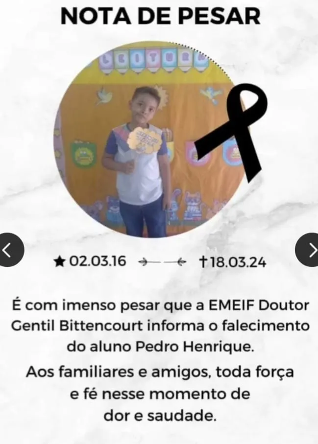 A escola onde o menino estuda publicou nota de pesar sobre a morte de Pedro Henrique.