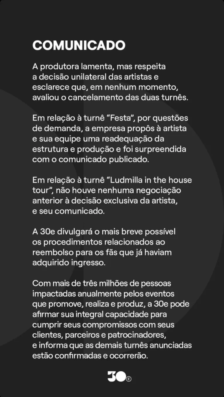 Comunicado da produtora 30e, publicado nos stories