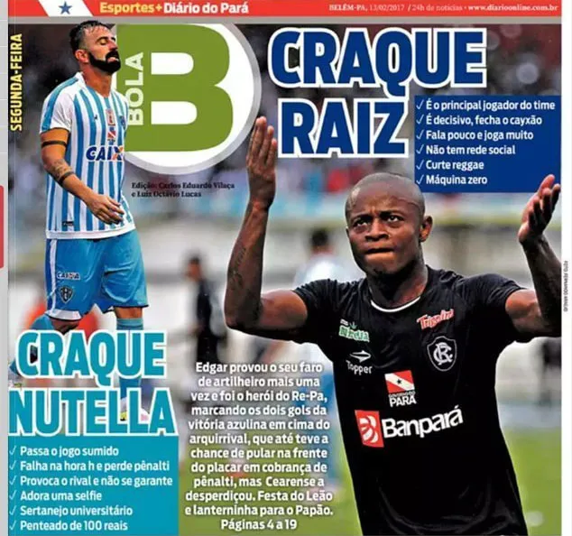 Capa do Diário do Pará destacando a grande partida de Edgar no Re-Pa, em comparação ao fraco desempenho de Leandro Cearense no clássico.