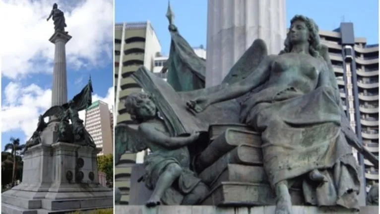 Monumento à República tem peças em mármore branco e esculturas em bronze e é considerado símbolo da Praça da República, em Belém