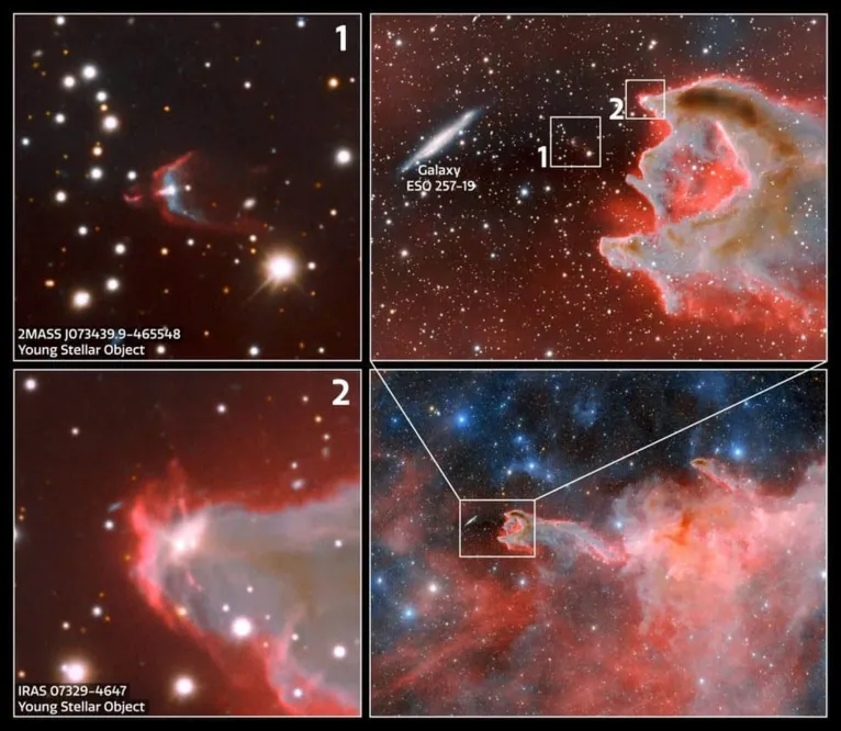 Imagem aproximada da CG 4 alinhando-se com a galáxia de borda espiral ESO 257-19 (PGC 21338), sendo que os dois estão na verdade a 100 milhões de anos-luz de distância. Perto da cabeça do glóbulo cometário estão dois objetos estelares jovens (YSOs).