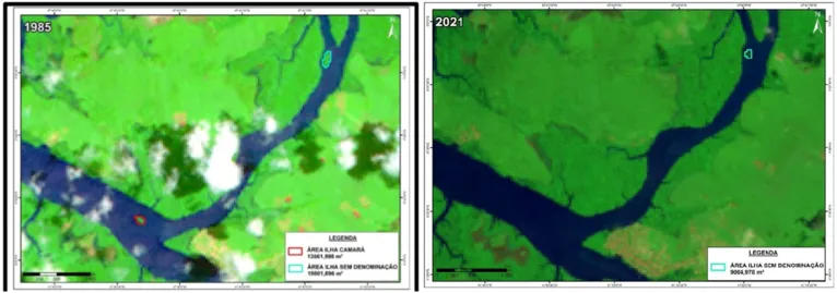 Mapeamento mostra a ilha Camará em 1985, circulada em vermelho, com uma área de 13.561,998 m² . De 2016 a 2021 a ilha desapareceu do mapa. Fonte: Parecer técnico da análise espacial do processo de desaparecimento da Ilha Camará – Marapanim/PA.