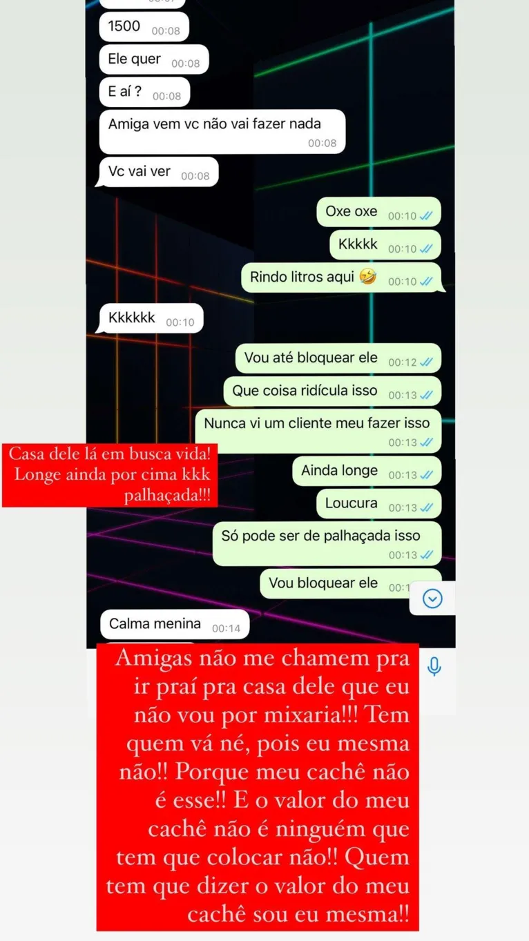 Print de tela do WhatsApp divulgado por Jéssica Amorim via Instagram.