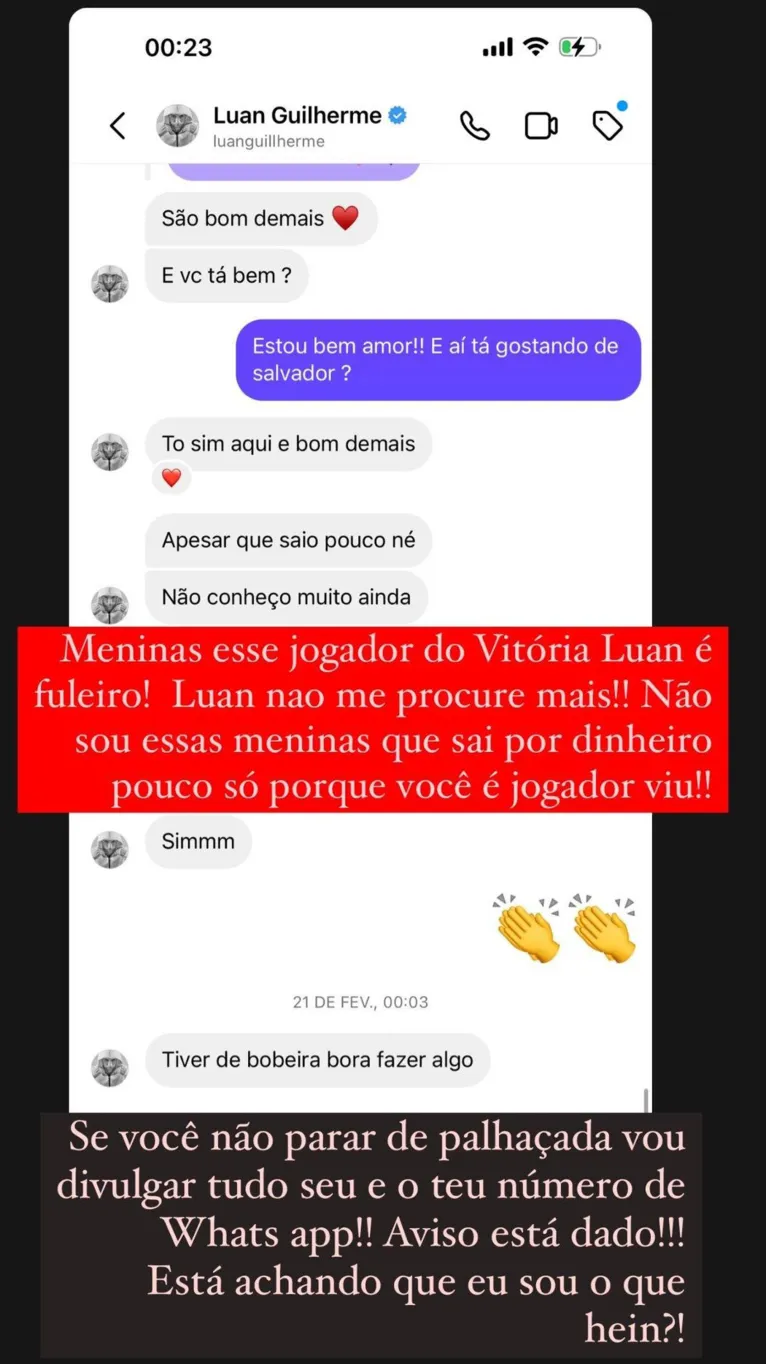 Print de tela do WhatsApp divulgado por Jéssica Amorim via Instagram.