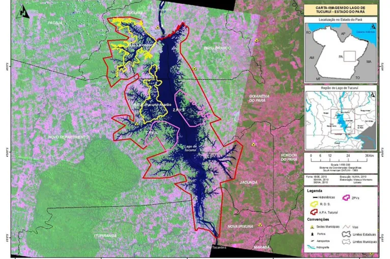 Carta-imagem da abrangência do Lago de Tucuruí que engloba os municípios de Tucuruí, Novo Repartimento, Breu Branco, Jacundá, Goianésia, Nova Ipixuna e Itupiranga