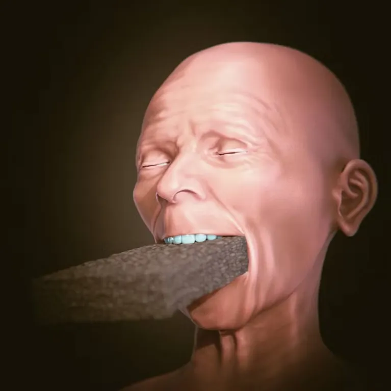Reconstrução facial de Carmilla com um tijolo na boca, como foi visto no túmulo.
