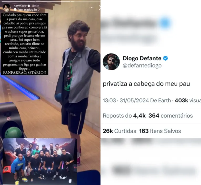 Neymar compartilhou vídeo de Defante em sua casa com texto atacando o humorista. Internautas acreditam que tudo seja por conta de uma postagem nas redes sociais