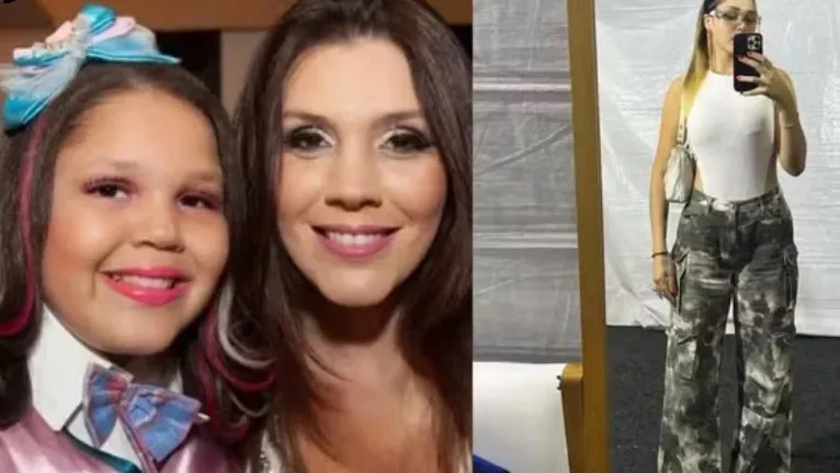 À esquerda, aos 9 anos Aysha caracterizada como Laura ao lado da mãe, a cantora Simony