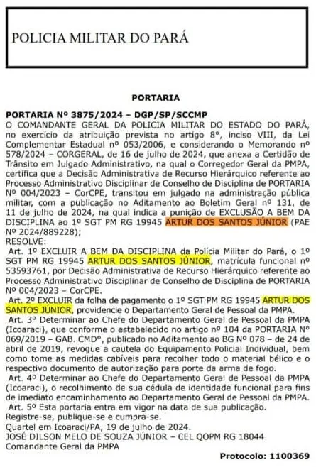 Publicação do DOE que confirma a expulsão do agora ex-PM, com nome em destaque