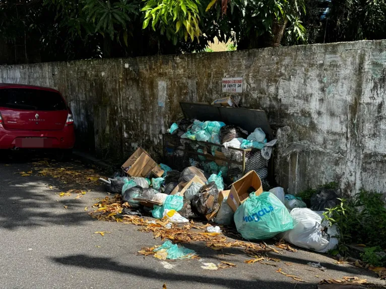 Lixeiras estão abarrotadas de lixo após duas semanas sem coleta