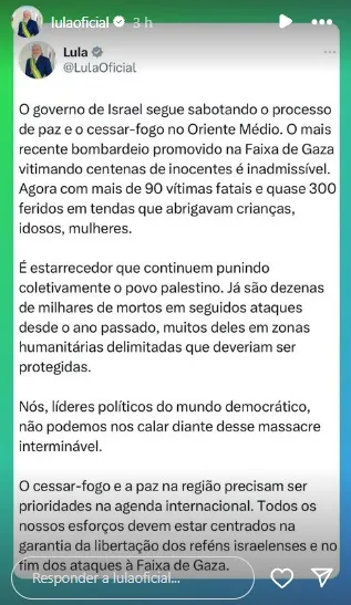 Lula postou as críticas à Israel em sua conta no Instagram