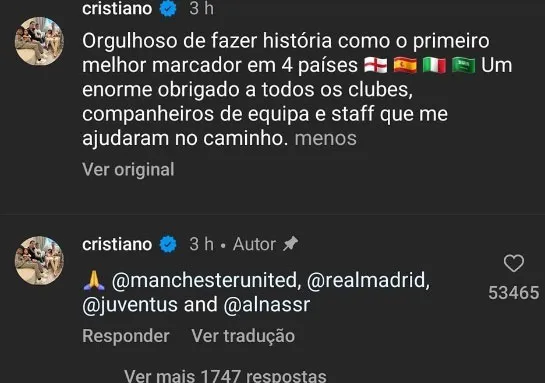 Print com a tradução do texto postado por Cristiano Ronaldo no X, antigo Twitter.