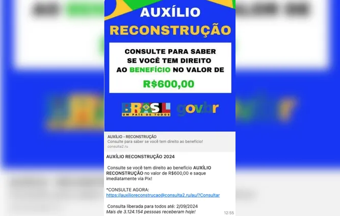 Outro modelo da fraude, mas que tem o mesmo link de acesso sem o domínio .GOV.BR no endereço eletrônico. O domínio oficial só está na imagem e pode ser enganoso