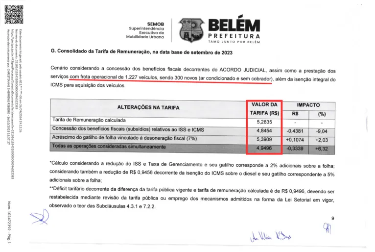 Cálculo de tarifa, feito pela SEMOB, considerando apenas 300 ônibus com ar-condicionado