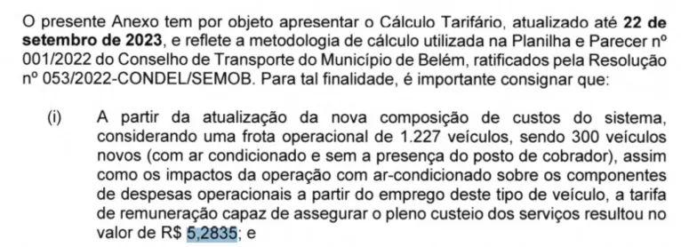 Documento comprova tarifa de R$ 5 no transporte de Belém