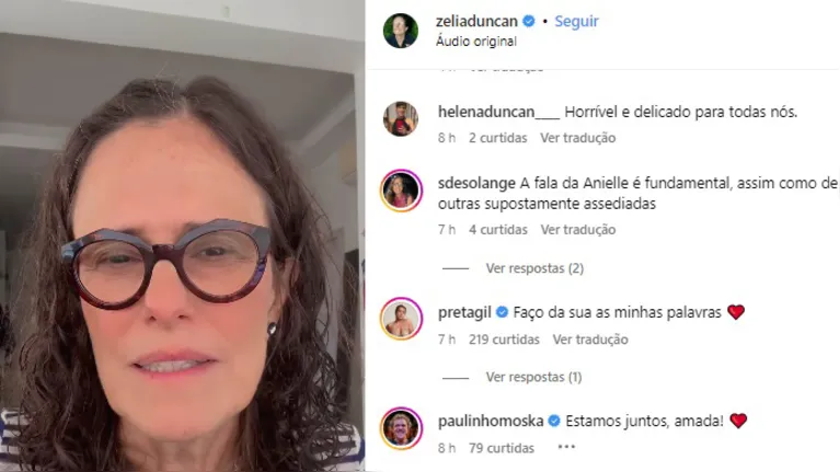 Várias mensagens apoiaram o depoimento de Zélia Duncan, inclusive, de Preta Gil e Paulinho Moska