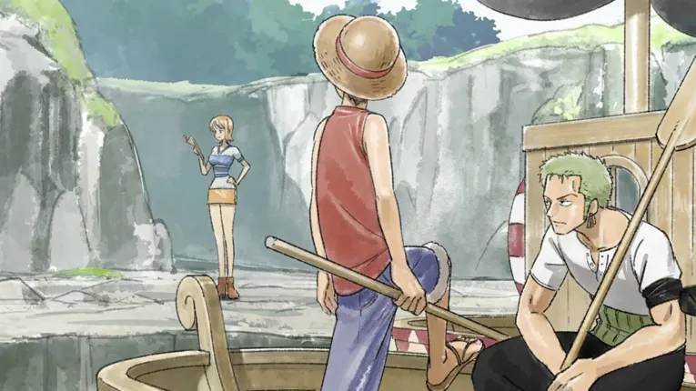 Nami, Luffy e Zoro chegando à Vila Syrup, terra natal do Usopp