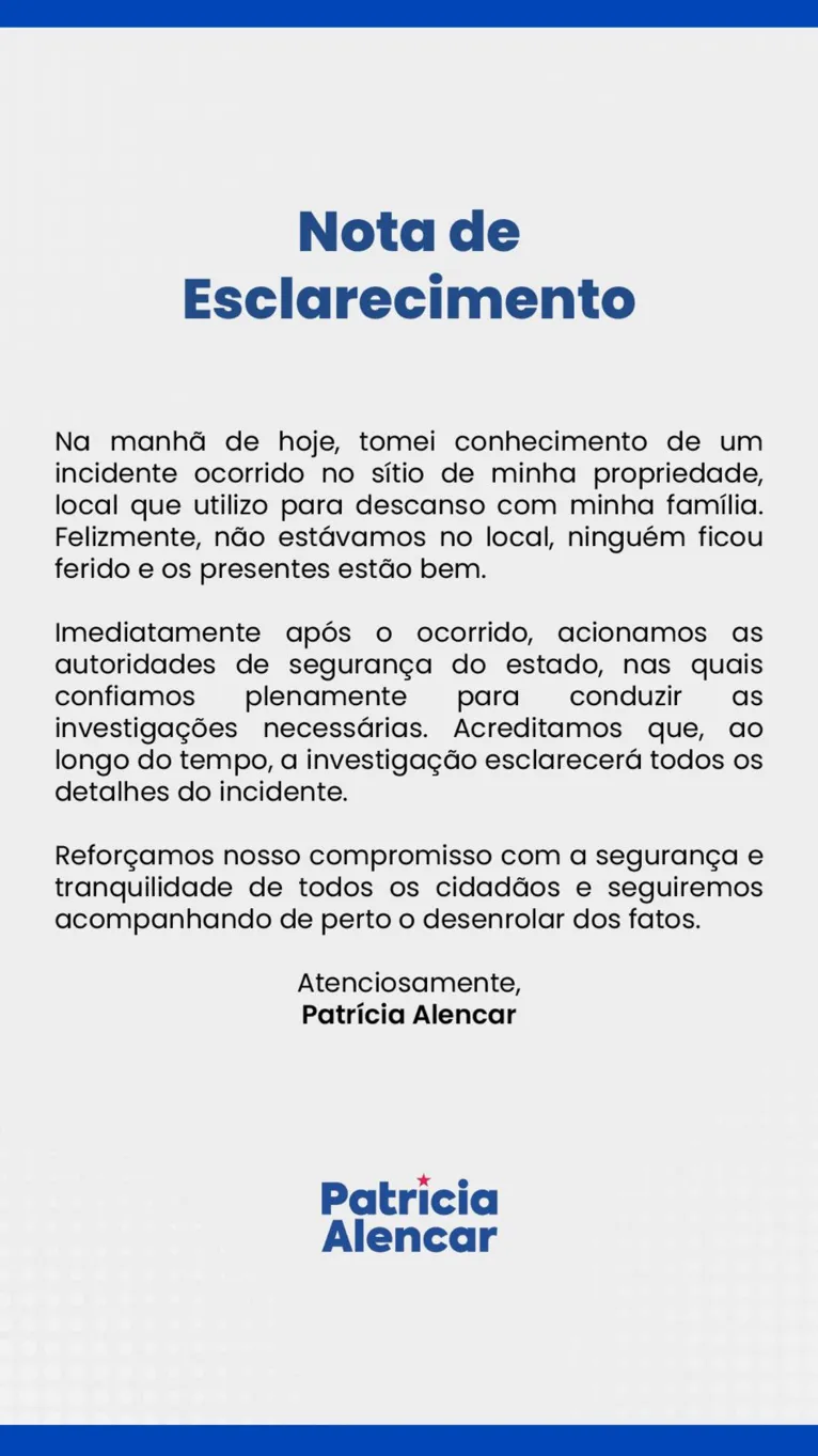 Nota de esclarecimento da prefeita Patrícia Alencar