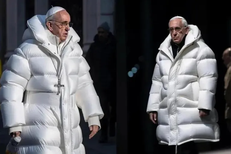 Imagem do Papa Francisco criada por IA somente foi desmentida e reconhecida como uma obra de ferramentas de IA, muito tempo depois de sua divulgação em massa.