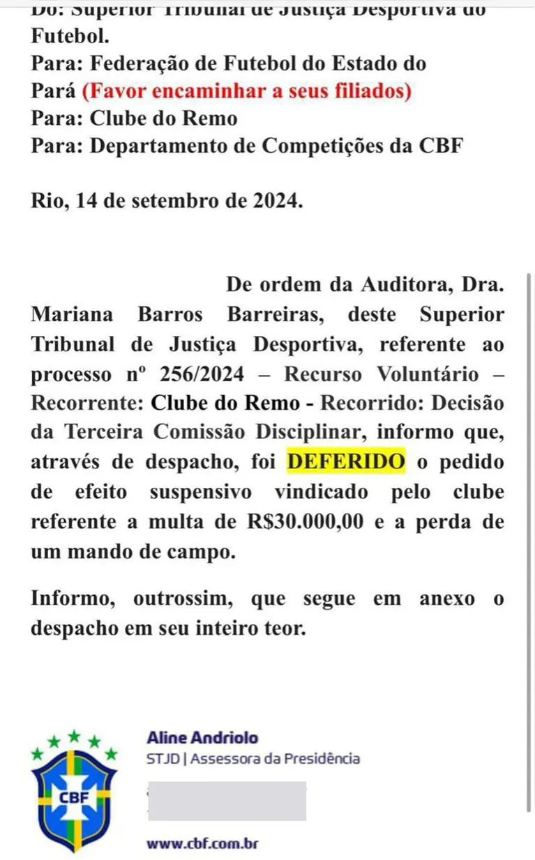 Clube do Remo terá torcida após efeito suspensivo no STJD