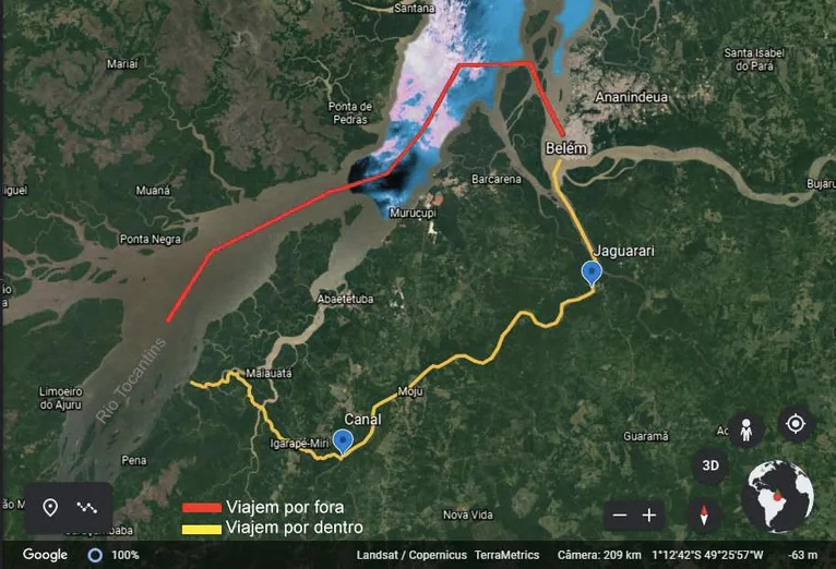 Mapa construído a partir de relato de viagens do século 19 consta no estudo e mostra a rota pelos rios entre Belém e o Vale do Tocantins, na época.