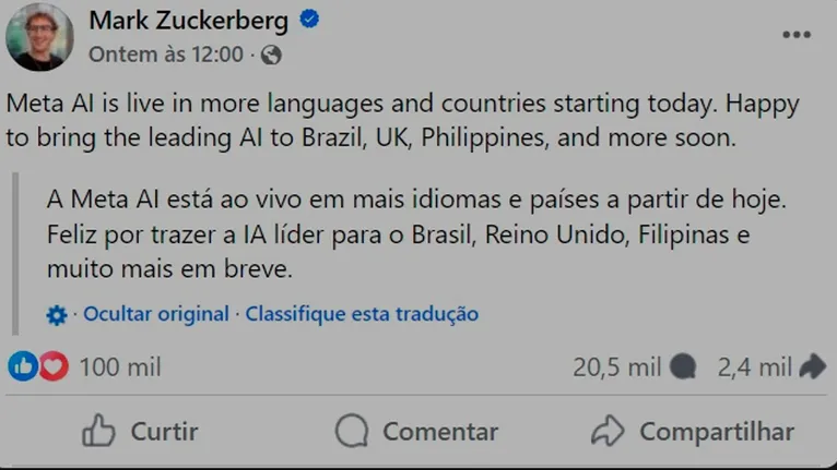 IA da Meta chega ao Facebook, WhatsApp e Instagram no país