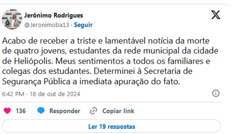 Governador da Bahia, Jerônimo Rodrigues se pronuncia sobre a tragédia na escola municipal.