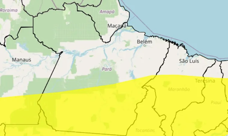 Mapa de alerta de baixa umidade do Inmet, abrangendo toda a região Sul do Pará