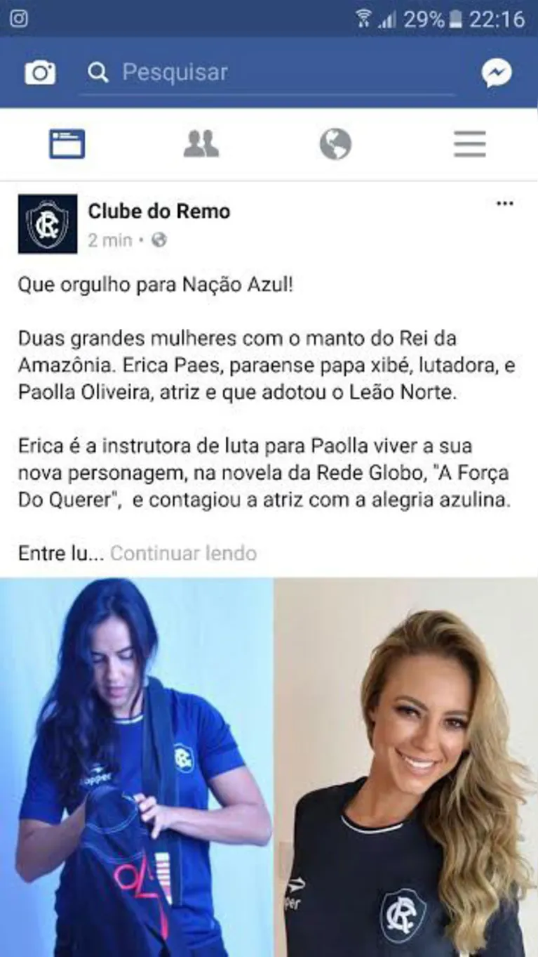 Postagem do Clube do Remo repercutindo foto de Paolla Oliveira com a camisa azulina.