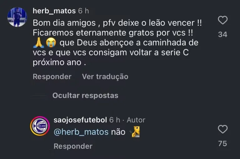 Postagem de torcedor remista no perfil do São José no Instagram.