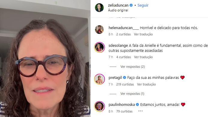 Várias mensagens apoiaram o depoimento de Zélia Duncan, inclusive, de Preta Gil e Paulinho Moska