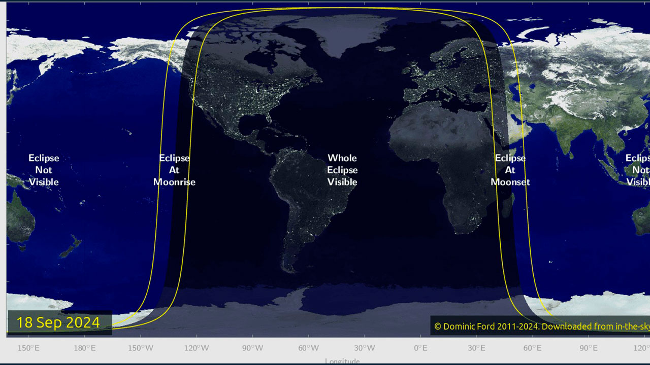 Mapa de onde o eclipse lunar parcial de setembro de 2024 será visível.