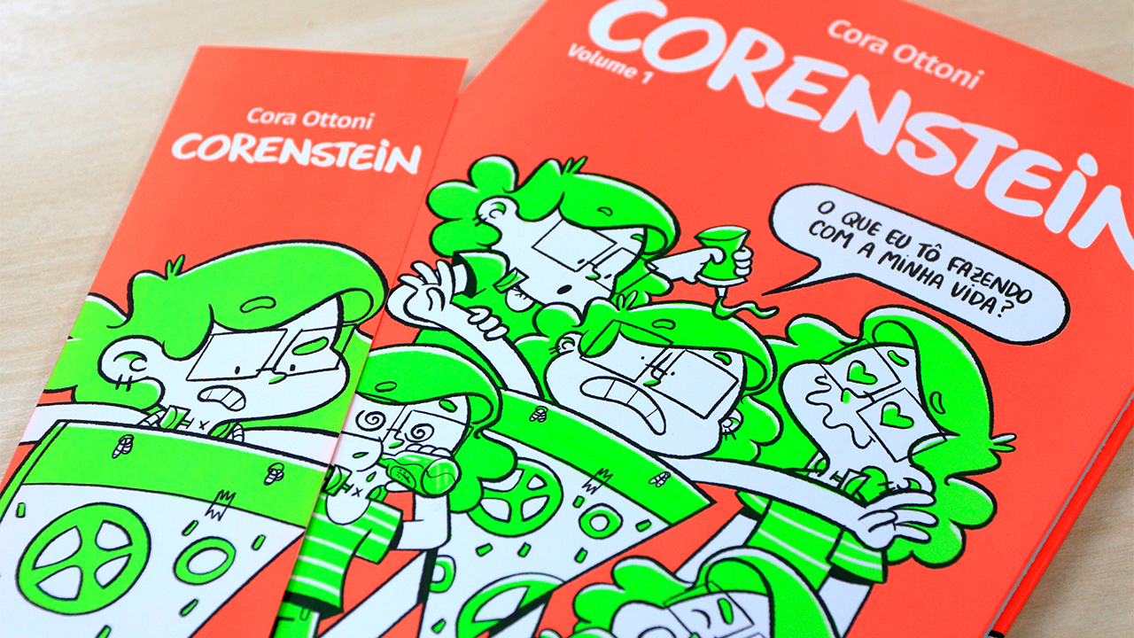 Capa de "Corenstein Volume 1", lançamento da JBC que reúne as tiras criadas por Cora Ottoni durante o desafio Inktober, destacando sua criatividade e estilo visual único.