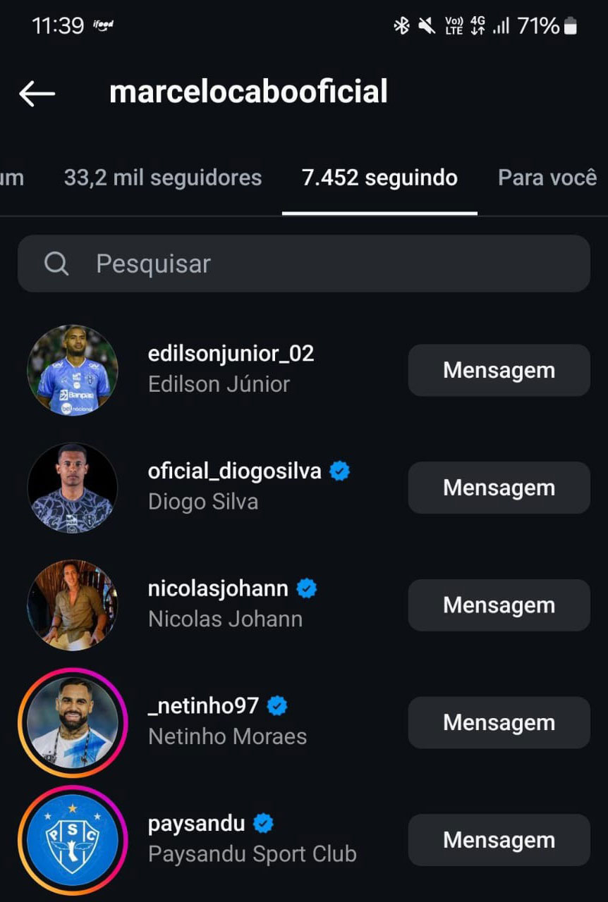 Marcelo Cabo passou a seguir todo o elenco do Paysandu em uma reded social.