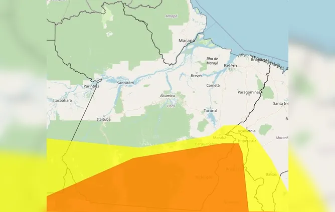 Confira as áreas de alerta amarelo e laranja no Pará