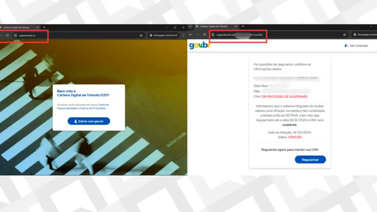 Site fraudulento simula o visual do portal Gov.br para tirar dinheiro das vítimas; apesar da interface parecida, página golpista usa um endereço aleatório