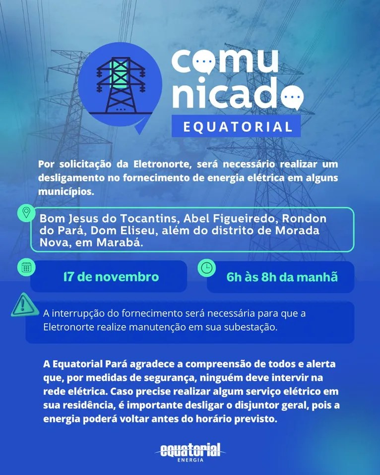 Energia de quatro cidades do PA será desligada neste domingo